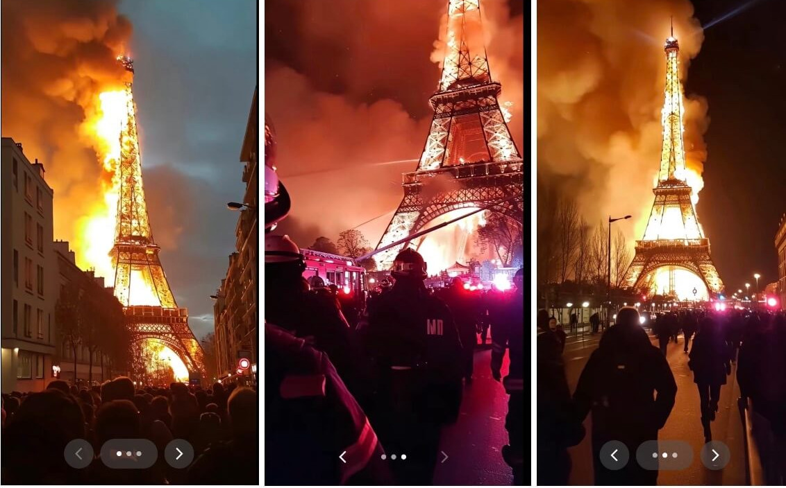 KI-Bilder vom Eiffelturm in Flammen