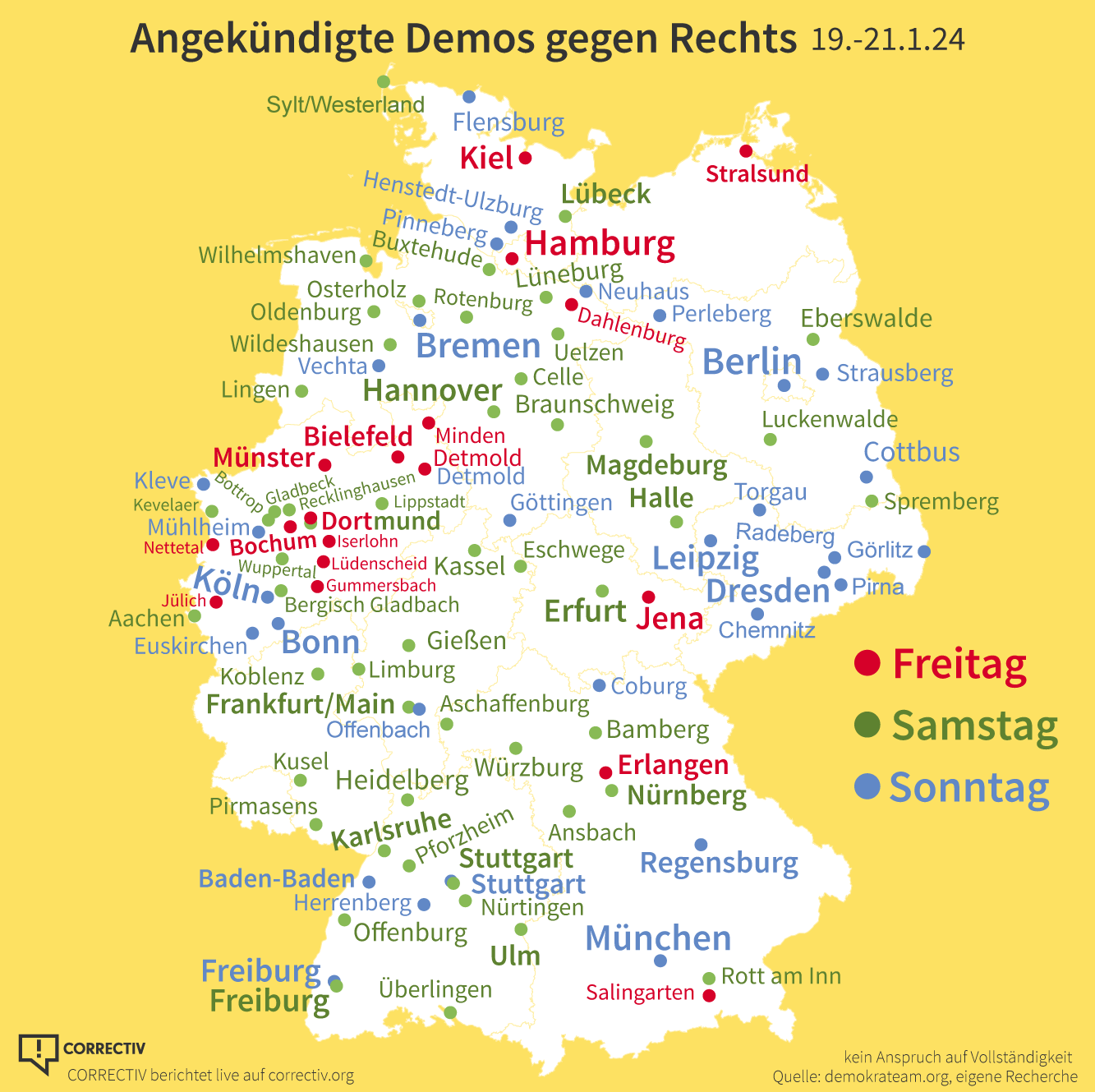 Nach Geheimplan Recherche von Correctiv: Städte mit Demos gegen Rechts am Wochenende Daten 19.1. 20.1. 21.1.