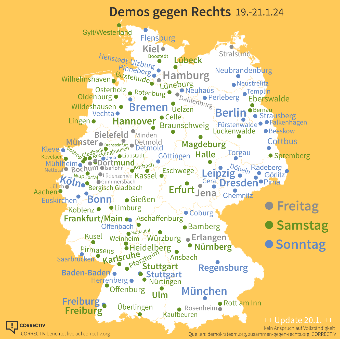 Die aktualisierte Deutschlandkarte zeigt Demos gegen Rechts in Deutschland an den Tagaen 19.1. 20.1. 21.1.2024 in Deutschland