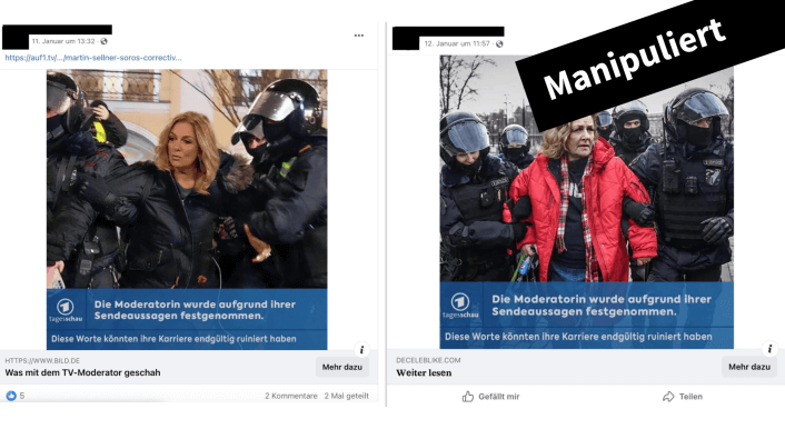 Zwei Werbeanzeigen mit dem Tagesschau-Logo zeigen angeblich Polizisten die Bettina Tietjen festnehmen