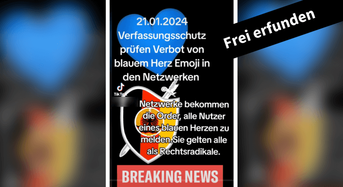 Collage mit Falschbehauptung auf Tiktok zu Prüfung eines Verbots von blauen Herz-Emoji online