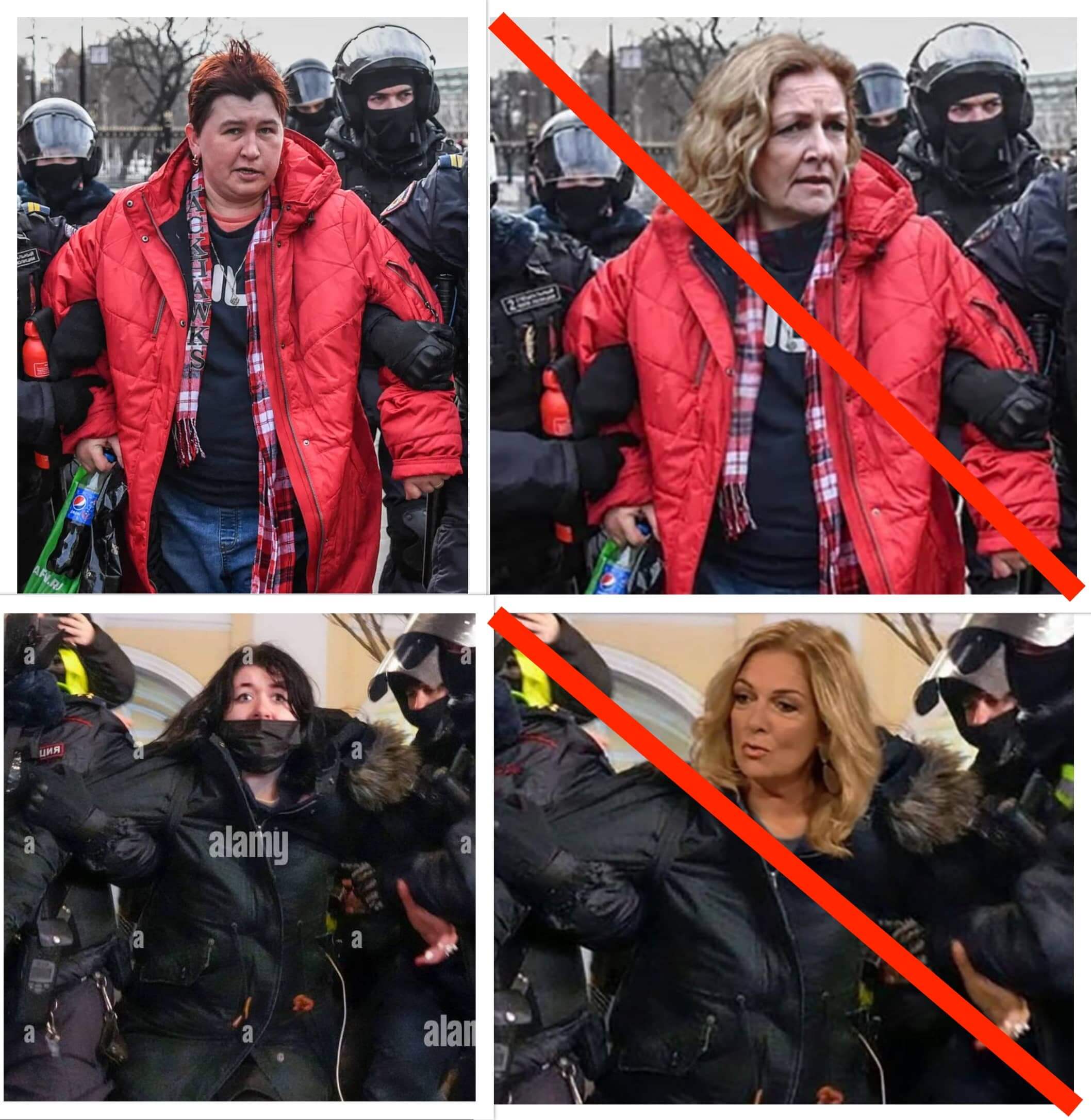 Gegenüberstellung der Fake-Bilder von Tietjen und den Originalen die Demonstrantinnen in Russland zeigen