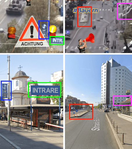 Je zwei Screenshots aus dem Video und von Google Maps, markiert sind Übereinstimmungen auf den Aufnahmen, etwa Schilder und eine Verkehrsinsel.