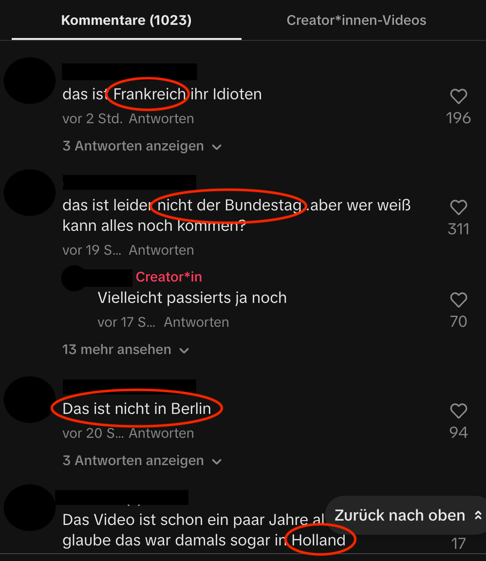 Auf Tiktok weisen Nutzerinnen und Nutzer darauf hin, dass das Video der Proteste nicht aus Deutschland stammt. Dem Verbreiter scheint das bewusst zu sein.