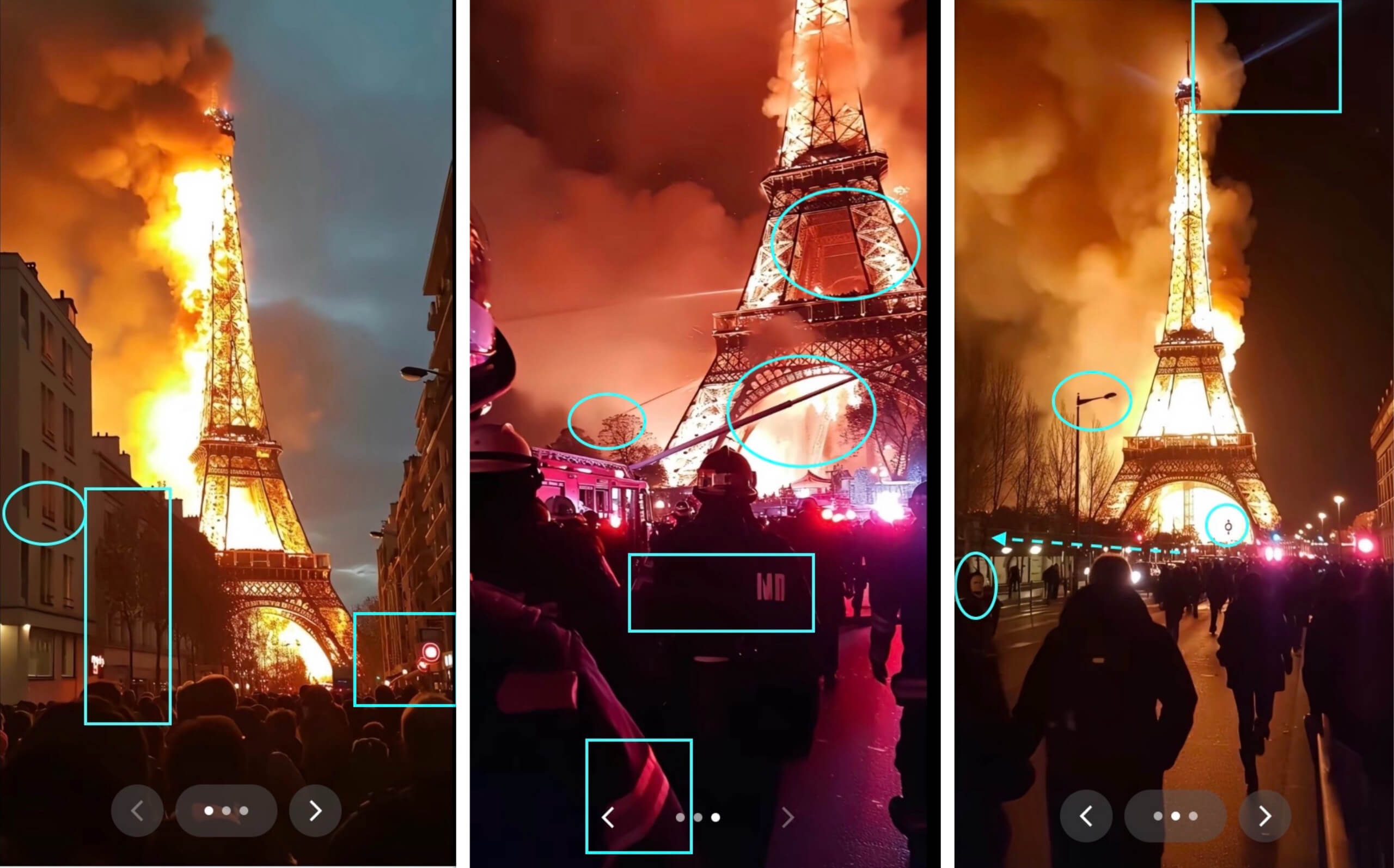 Markierungen zeigen Stellen an denen man erkennen kann dass das Bild vom brennnenden Eiffelturm mithilfe künstlicher intelligenz erstellt wurde