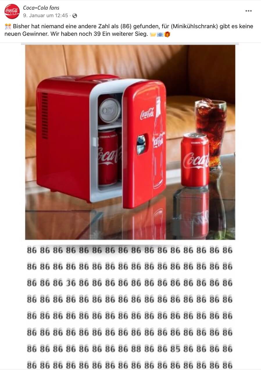 Fake-Gewinnspiel mit Coca-Cola Minikühlschränken auf Facebook.