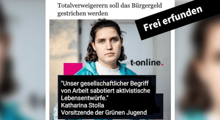 Collage mit einem Foto von Katharina Stolla und dem gefälschten Zitat