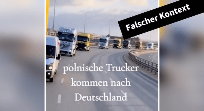 Ein Screenshot zeigt LKW, die eine Autobahn entlang fahren, darauf steht: "Polnische Trucker kommen nach Deutschland"