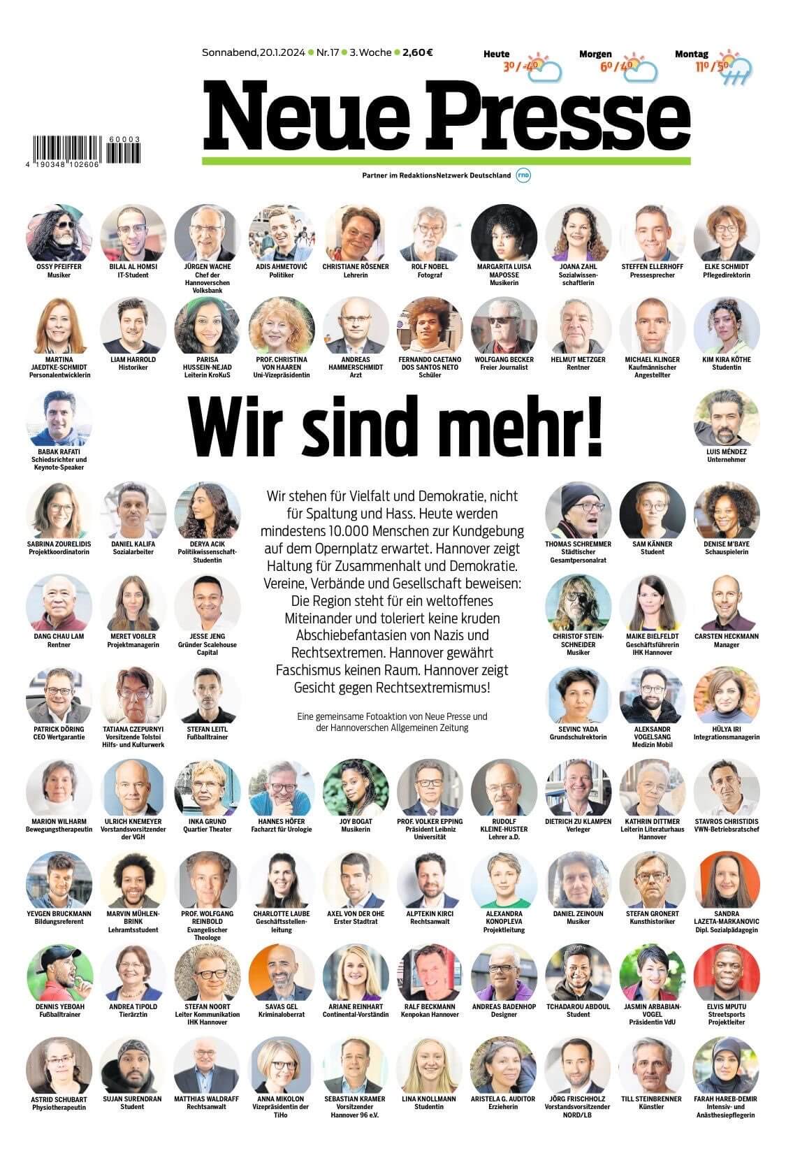 Titel der Hannover Prinzeitung Neue presse mit Köpfen von rund 50 Personen, die unter dem Aufruf „Wir sind mehr!“ die Demo gegen Rechts unterstützen