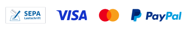 Ansammlung von Logos unterstützter Zahlungsanbieter: SEPA Lastschriftmandat, VISA, Mastercard und PayPal