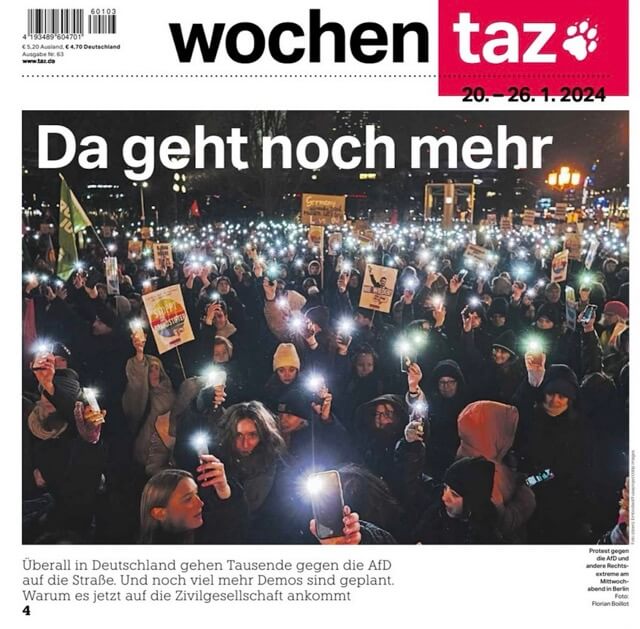 Foto von Menschen mit Lichter, die gegen Rechts demonstrieren. Die taz titelt dazu „Da geht noch mehr“
