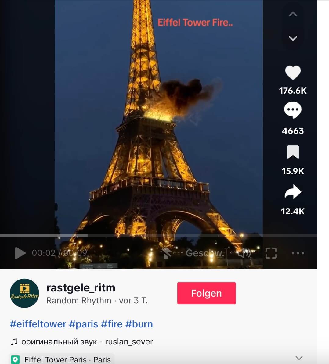 Tiktok-Beitrag zeigt ein weiteres Foto vom brennenden Eiffelturm - hier schießen Flammen aus der zweiten Etage. Es ist fake. 