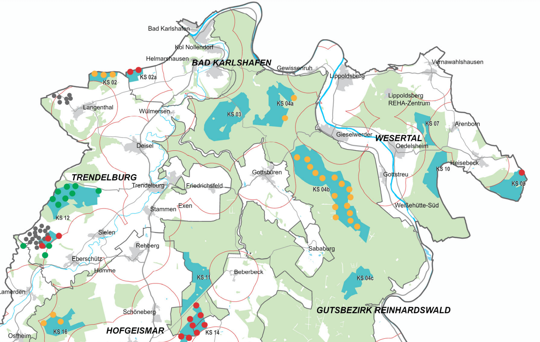 Ausschnitt aus einer Karte des Regierungspräsidiums Kassel, die Standorte für geplante, genehmigte und in Betrieb befindliche WIndkraftanlagen zeigt