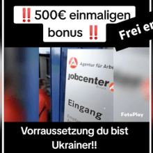 In einem Tiktok-Video steht: "500 Euro einmaligen Bonus, Voraussetzung du bist Ukrainer" - darüber ein Label mit "frei erfunden"