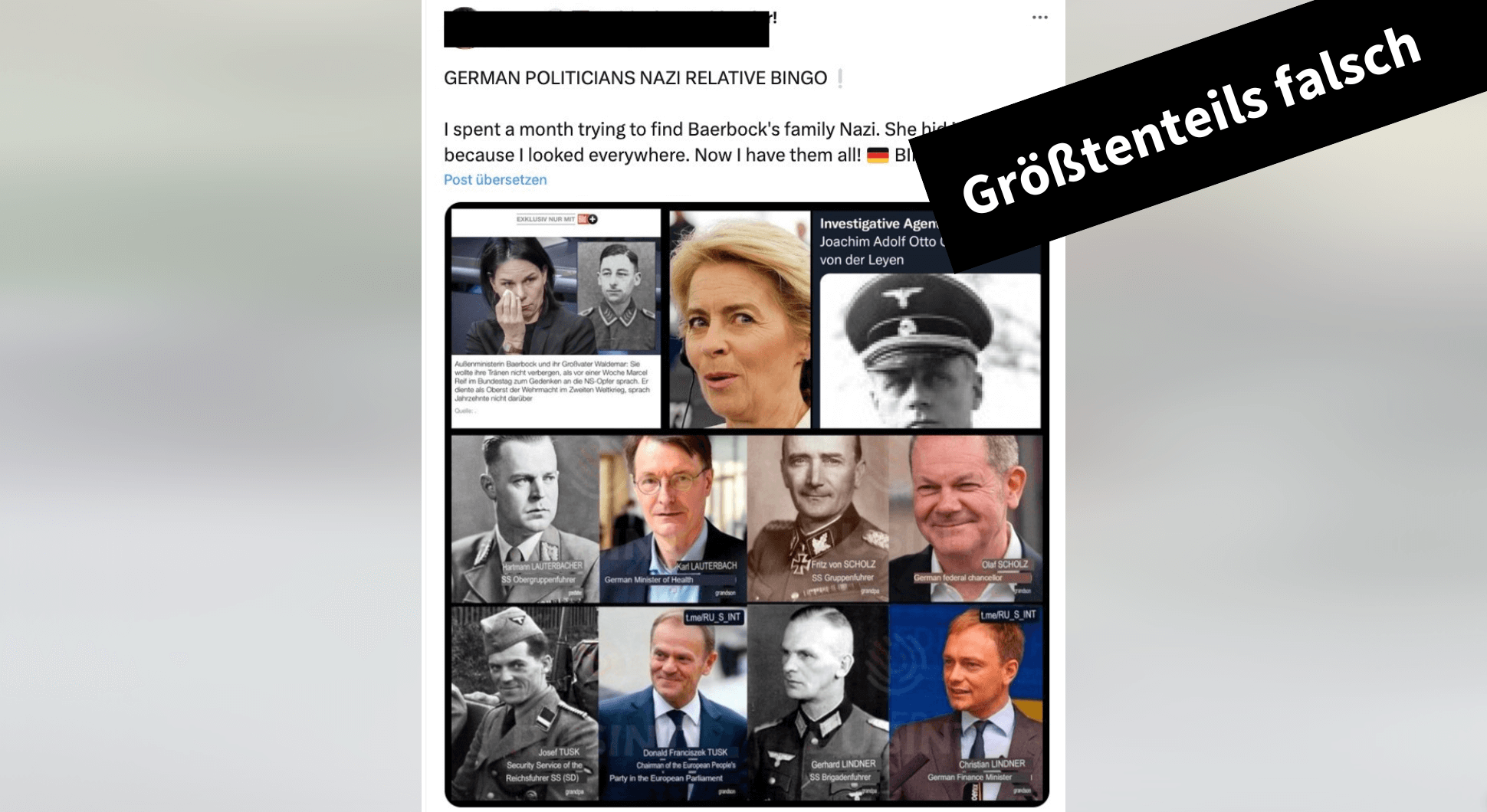 Beitrag auf X mit falschen Collagen von EU-Politikern und angeblichem Großvater