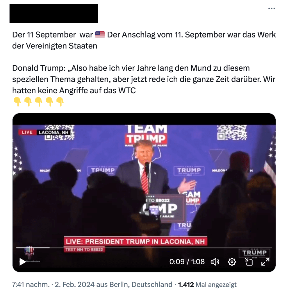Ein X-Beitrag, der fälschlich behauptet, Donals Trump habe in der gezeigten Rede gesagt, die USA steckten hinter 9/11