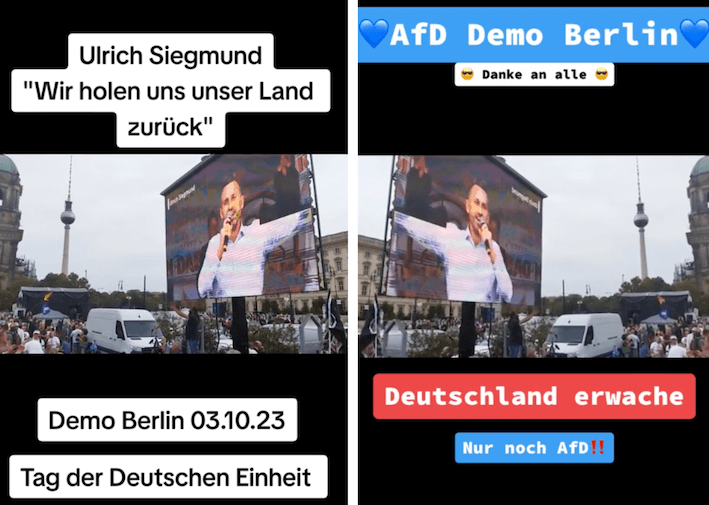 Zwei Bilder zeigen die selbe Situation: Ulrich Siegmund von der AfD bei einer Rede. Links steht, es sei am 3. Oktober entstanden, rechts heißt es: "AfD-Demo in Berlin".