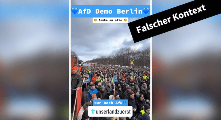 Ein Foto einer Menschenmenge, dazu heißt es: "AfD Demo Berlin". Darüber steht "Falscher Kontext".