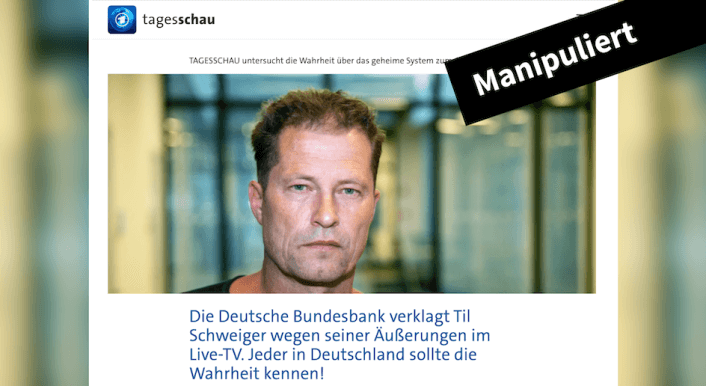 Collage von dem gefälschten Tagesschau-Artikel mit einem Foto von Til Schweiger, darüber das Label manipuliert