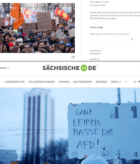Oben ein Screenshot aus der Reuters-Bilddatenbank, auf dem Bild ist ein Schild mit der Parole "Hass ist keine Meinung". Unten ein Screenshot von sächsische.de, im Titelbild ist ein Foto eines Schildes zu sehen, auf dem steht: "Ganz Leipzig hasst die AfD".