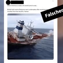 Collage mit einem Post auf X, zu sehen ist ein sinkendes Schiff