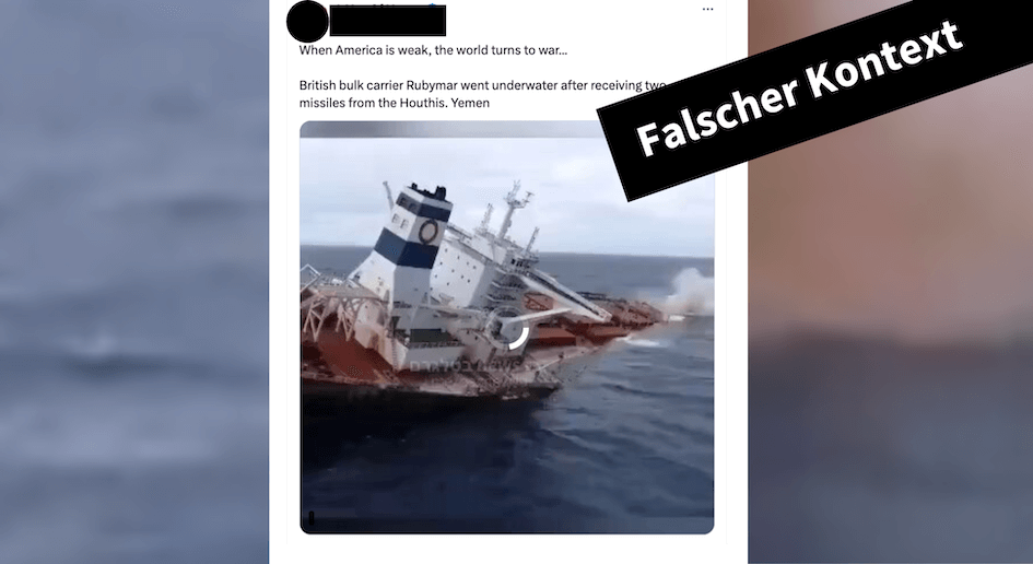 Collage mit einem Post auf X, zu sehen ist ein sinkendes Schiff