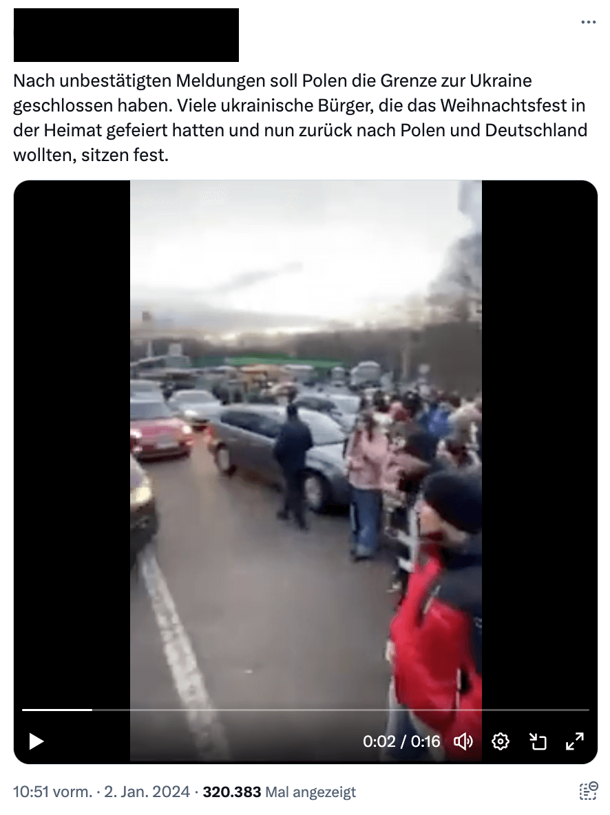 Unter anderem auf X kursiert dieses Video, das belegen soll, dass Polen die Grenzen zur Ukraine nach Weihnachten geschlossen habe