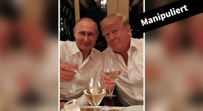 Ein Foto zeigt Putin und Trump, beide mit einem Glas Weißwein in der Hand. Darüber steht: 