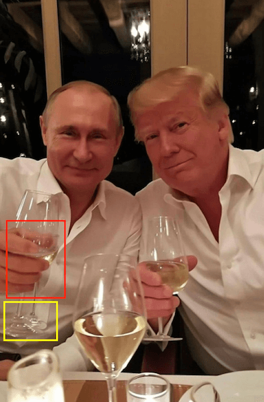 Noch einmal das Bild, markiert sind die zwei Stiele von Putins Weinglas und seine Hand, die unnatürlich wirkt.