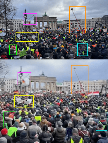 Zwei Bilder zeigen eine Menschenmenge am Brandenburger Tor. Markiert sind Übereinstimmungen auf den Bildern.