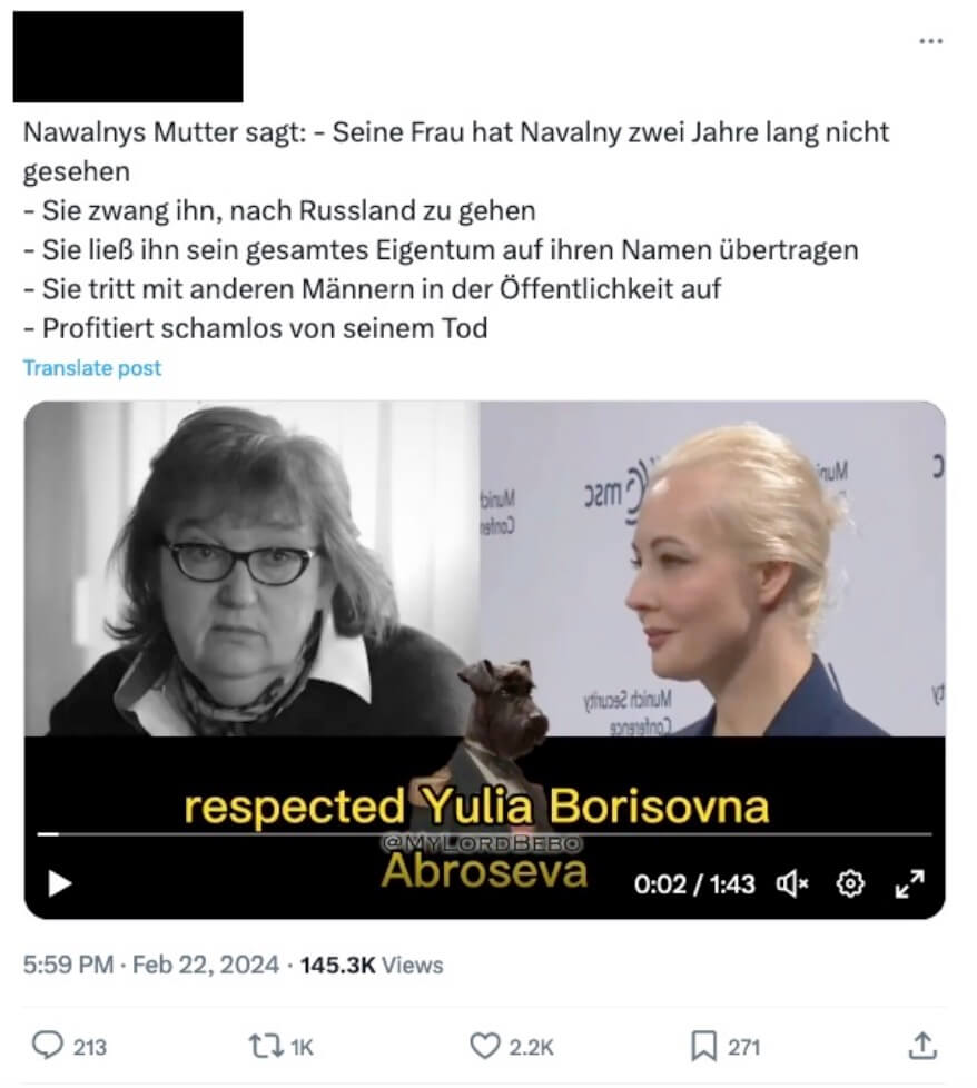 Twitter-Beitrag mit der Behauptung über Ljudmila Nawalnaja