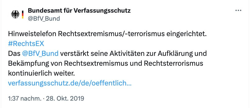 Hinweistelefon Rechtsextremismus/-terrorismus eingerichtet. #RechtsEX Das @BfV_Bund verstärkt seine Aktivitäten zur Aufklärung und Bekämpfung von Rechtsextremismus und Rechtsterrorismus kontinuierlich weiter.