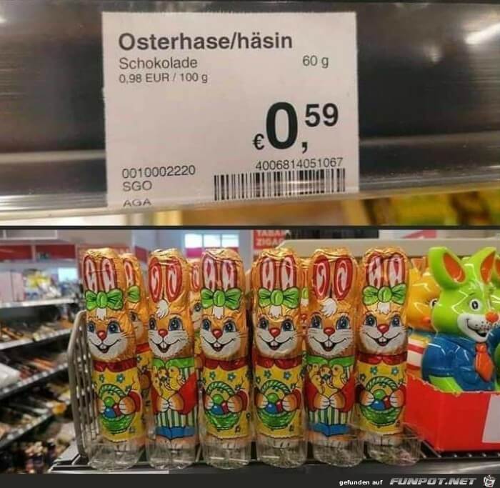 Das Supermarkt-Preisschild trägt im Original-Foto die Aufschrift „Osterhase/häsin“.
