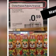 Dieses Foto eines Supermarkt-Preisschildes für Schokohasen ist manipuliert.