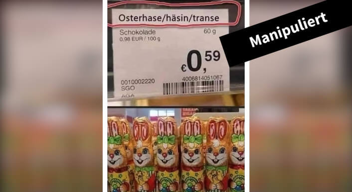 Dieses Foto eines Supermarkt-Preisschildes für Schokohasen ist manipuliert.