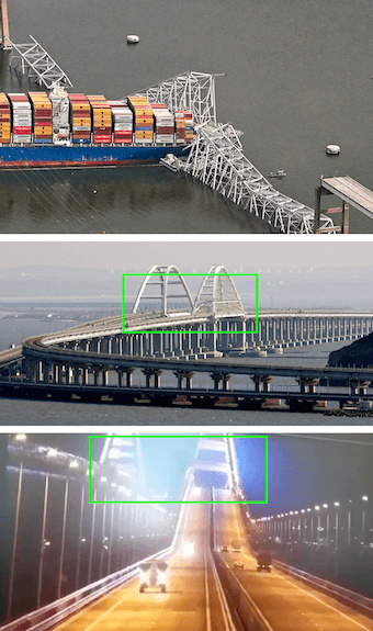 Drei Bilder: Oben die Brücke in Baltimore nach dem Einsturz, in der Mitte ein Bild der Krim-Brücke und unten ein Screenshot aus dem Video.