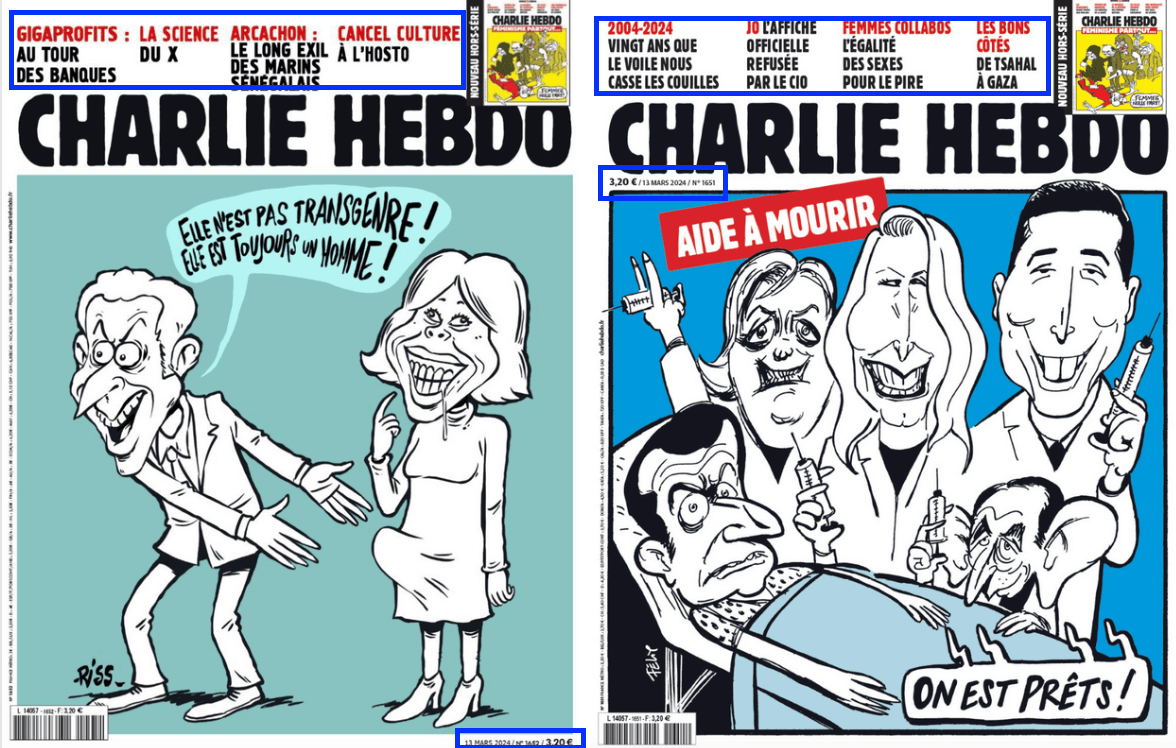 Screenshot des Fakes und des echten Charlie-Hebdo-Covers. Unterschiede sind farblich markiert.