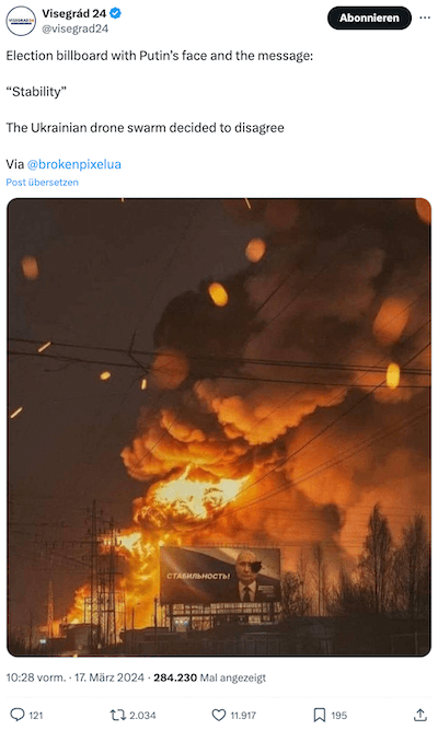 Bild zeigt Brand hinter Putin-Plakat – doch es wurde mit KI und Photoshop erstellt