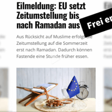 Screenshot eines angeblichen Artikels, dort steht im Titel: "Eilmeldung: EU setzt Zeitumstellung bis nach Ramadan aus"