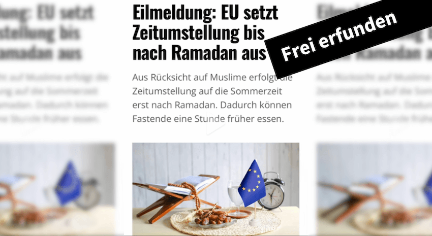 Screenshot eines angeblichen Artikels, dort steht im Titel: "Eilmeldung: EU setzt Zeitumstellung bis nach Ramadan aus"