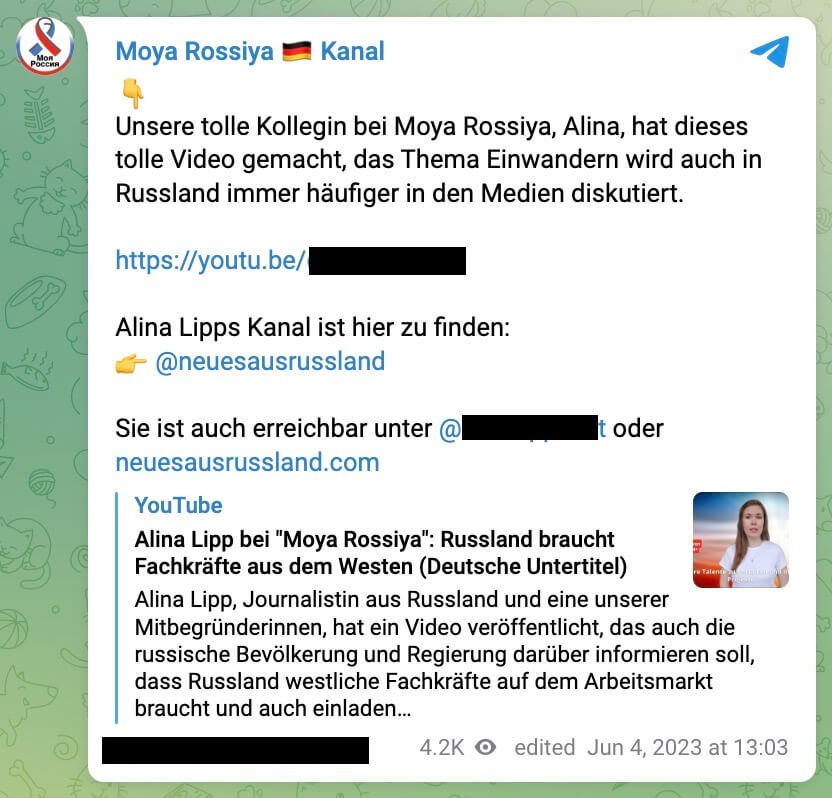 Ein Telegram-Beitrag von Moya Rossiya wirbt für ein Video von Alina Lipp