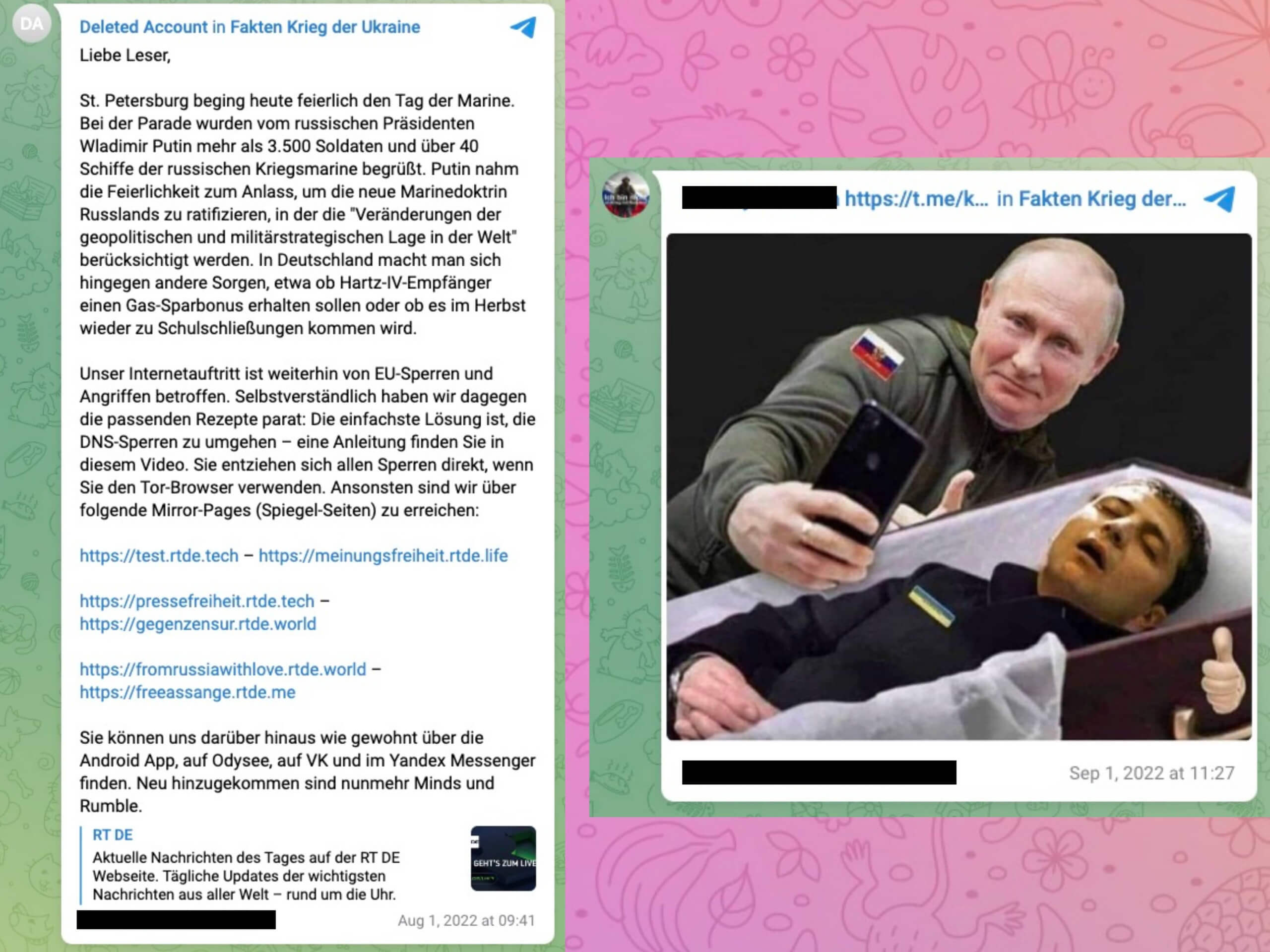 Telegram-Beitrag wirbt für die gesperrte Domain von RT – ein anderer zeigt Putin der ein Selfie am Grab von Selenski macht