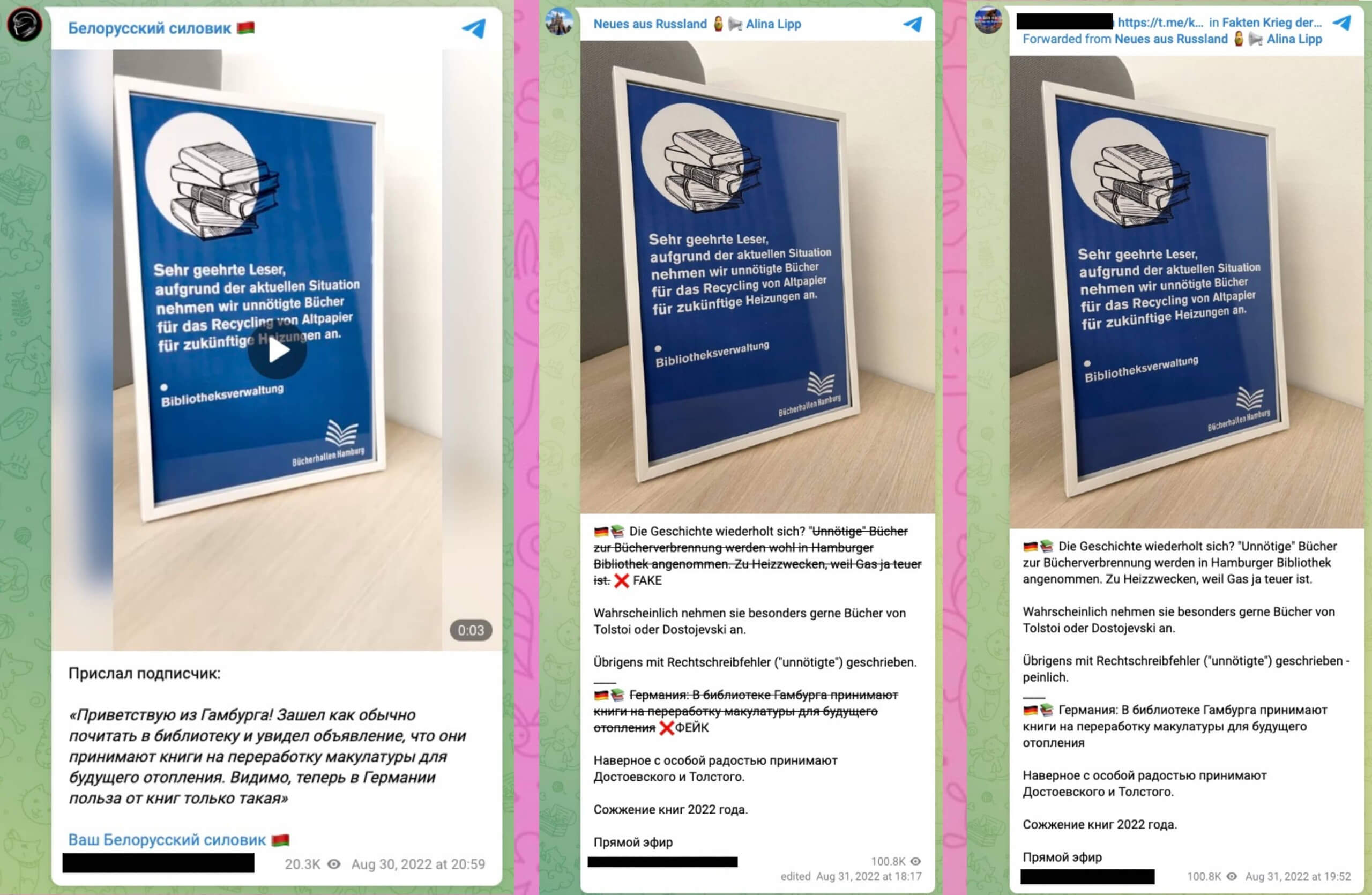 3 Telegram-Beiträge zeigen dass sich die Falschinformation von russisch auf deutsch verbreitete