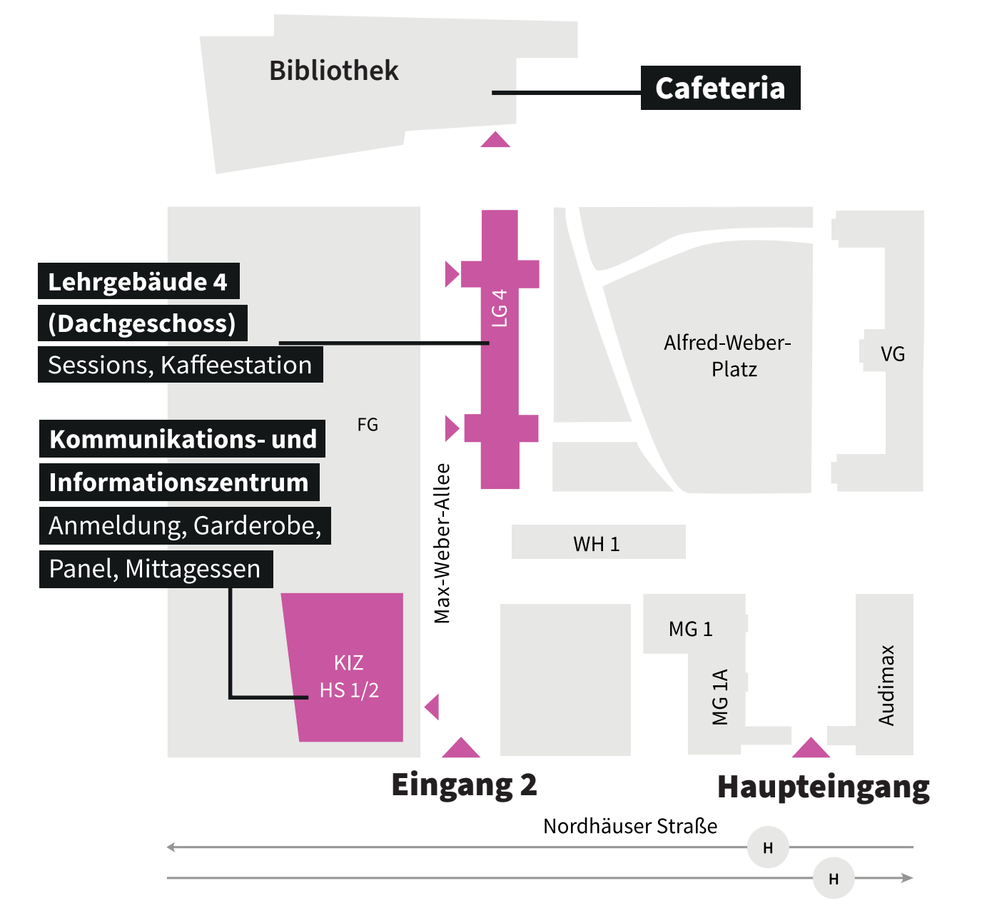 Lageplan der Gabäude auf dem Campus der Universität Erfurt. KIZ: