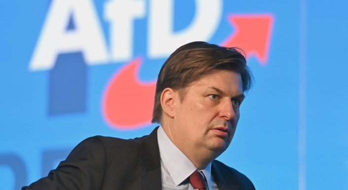 Maximilian Krah vor dem AfD Logo