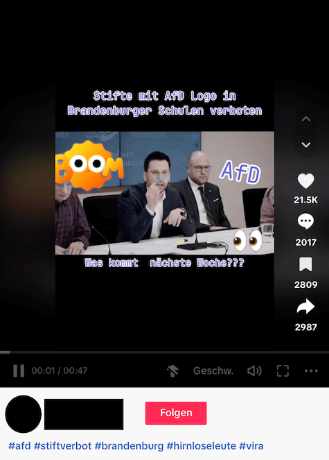 Screenshot eines Tiktok-Beitrags, über dem steht: "Astifte mit AfD Logo in Brandenburger Schulen verboten"