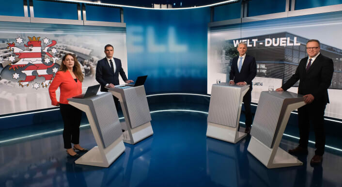 Am 11. April 2024 diskutierten die Spitzenkandidaten Mario Voigt (CDU) und Björn Höcke (AfD) zur Landtagswahl in Thüringen bei Welt TV miteinander