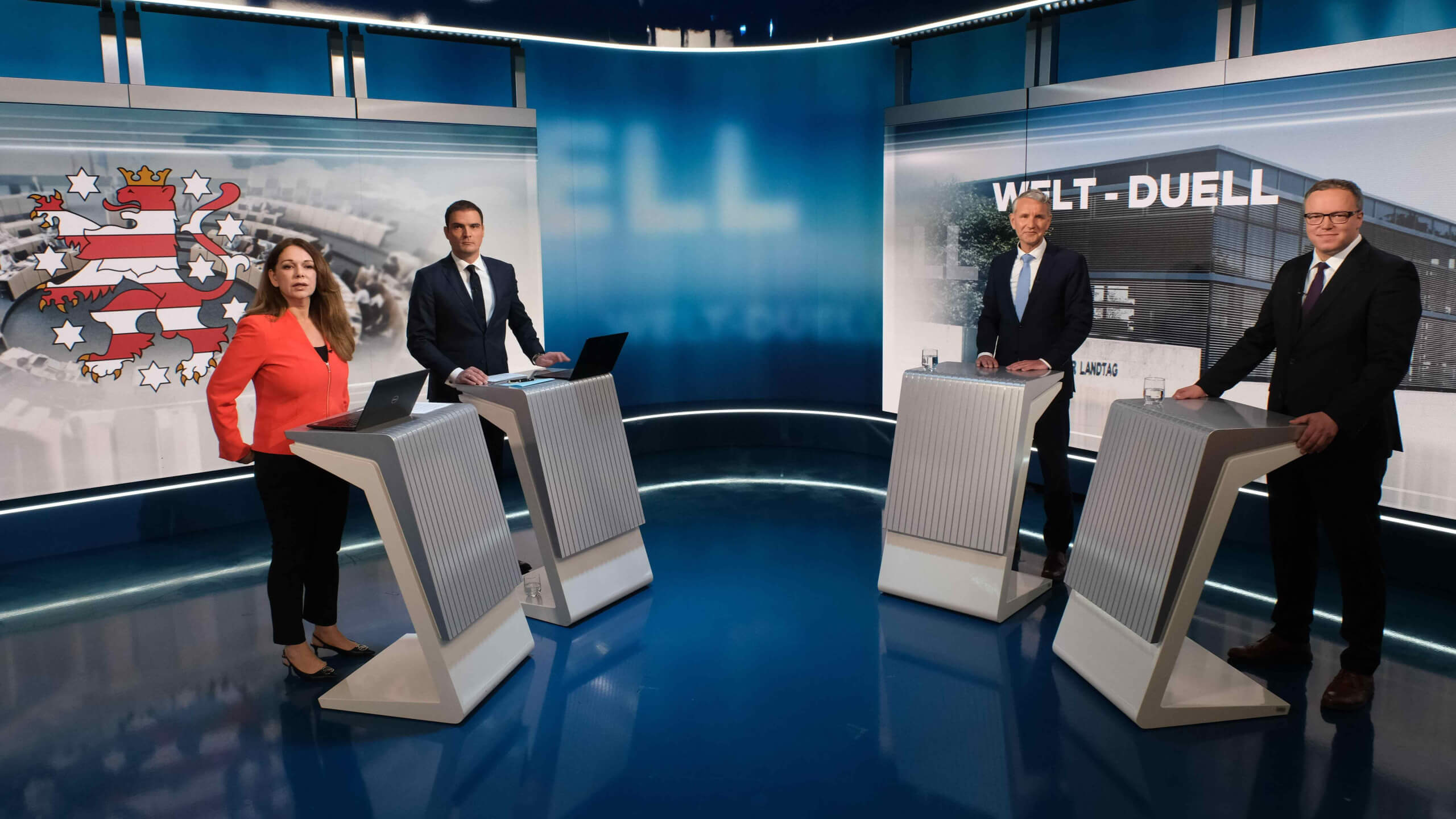 Am 11. April 2024 diskutierten die Spitzenkandidaten Mario Voigt (CDU) und Björn Höcke (AfD) zur Landtagswahl in Thüringen bei Welt TV miteinander