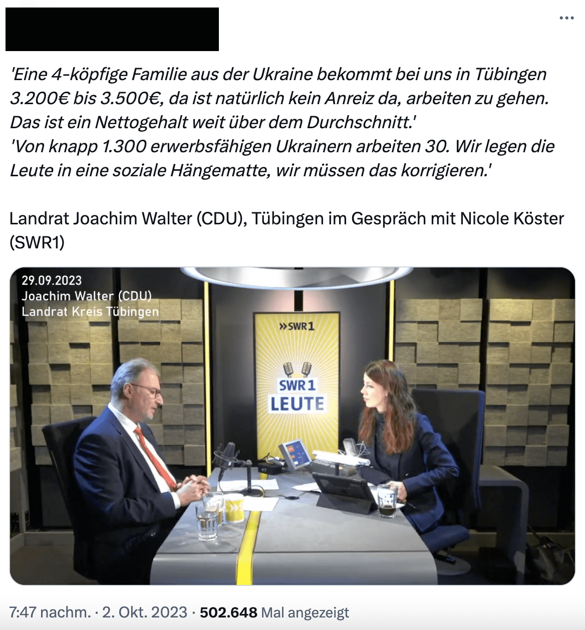 Auf X und Whatsapp kursiert ein Ausschnitt aus einem Interview des SWR. Darin spricht Moderatorin Nicole Köster mit dem Tübinger Landrat Joachim Walter über das Bürgergeld.