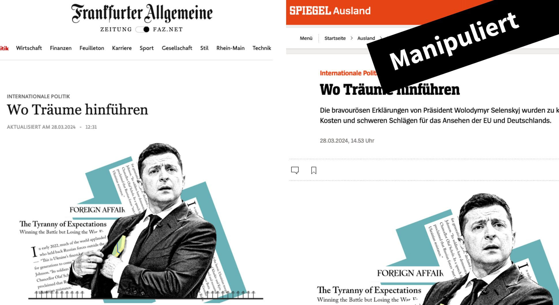 Titelbild mit Screenshots der zwei gefälschten Artikel des Spiegel und der FAZ. Darüber ist ein Label "Manipuliert" angebracht.
